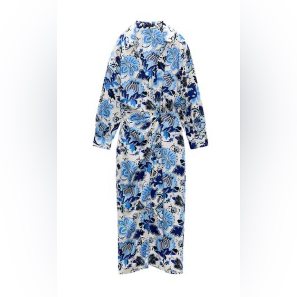 Zara Blue and White Floral faux Wrap Dress elegant spring resort cruise party L